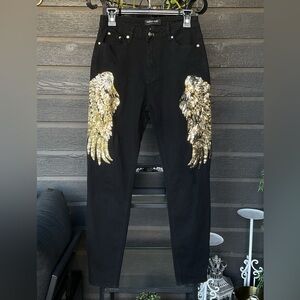 Eighty Eight Black Jeans with Gold Sequin Wings Sz.9